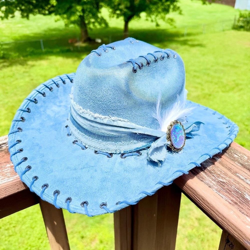Blue Suede Cowboy Hat with Attached Horse Blue Toile Fabric, Burned Cowboy Hat